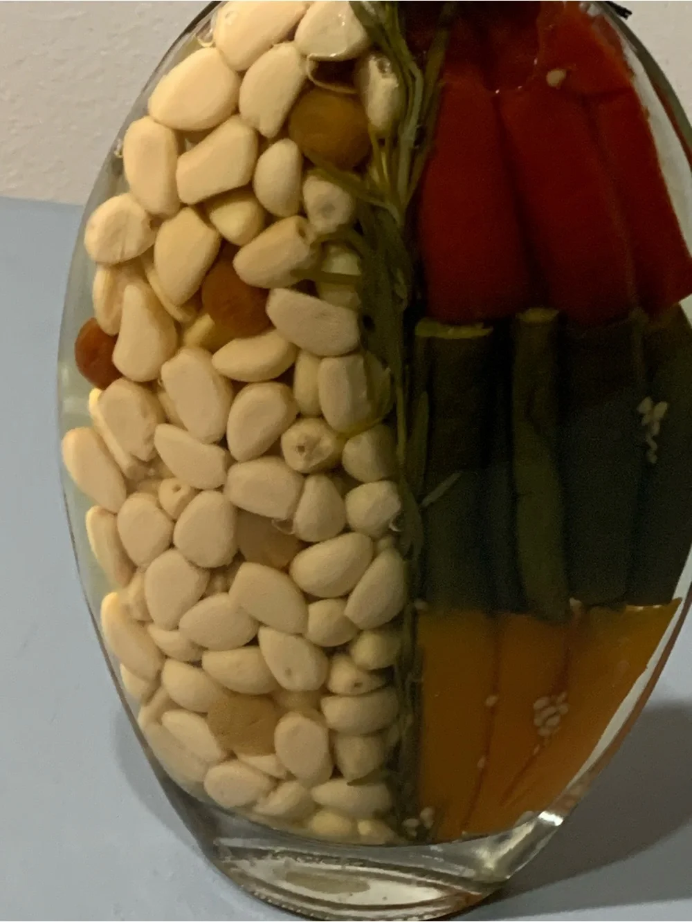 Glass Accent Bottle with Red, Green, Orange Peppers and White Beans